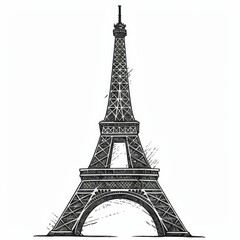 Fototapeta premium Linocut Eiffel Tower Line Drawing Black and White Graphic for T shirt or Notepaper Cover