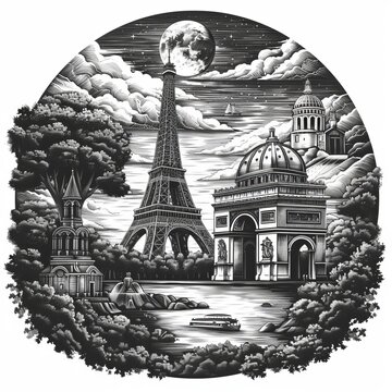 recommend clip art: Linocut Circular Design Showcasing Famous French Landmarks in Black and White Graphic