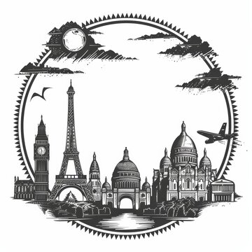 recommend clip art: Linocut Landmarks of France Encircled in a Minimalist Distressed Design Graphic