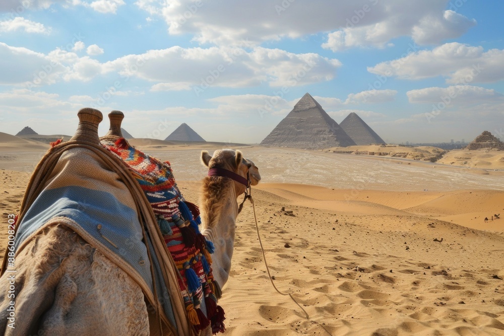Poster two camels are standing in the desert with the great pyramids of giza in the background