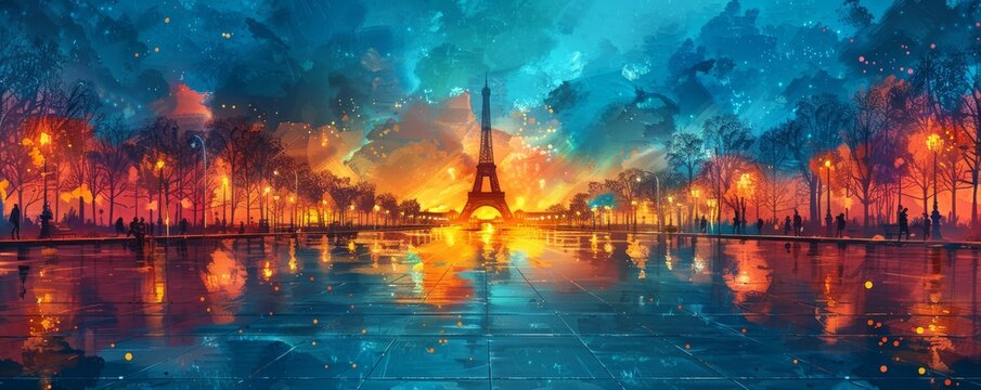 Stunning abstract painting of the Eiffel Tower with a vibrant, colorful sky reflecting on a serene water surface.