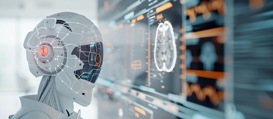 Futuristic AI Robot Monitors Vital Signs, Interfaces with Skeletal Structure, Organs, and Nervous System, Advancing Medical Technology and Healthcare Innovation, Copy Space