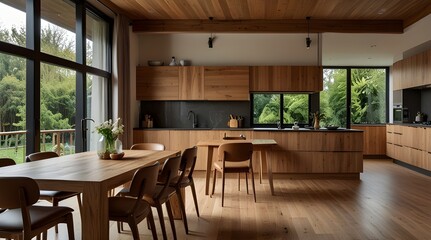 Wooden home kitchen interior with dining table and caben.generative.ai