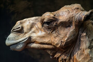 Wooden sculpture of a camel head, showing the detail of the carving and wood grain