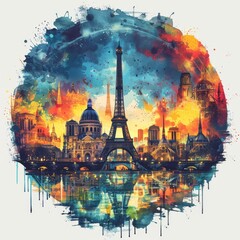 Whimsical Watercolor of Iconic French Landmarks Arranged in Circular Composition