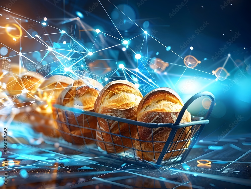 Poster cybersecurity shielding a digital network represented by bread baskets