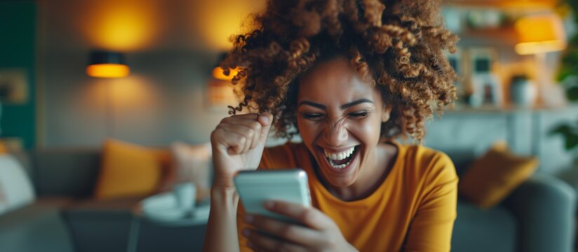 Excited African American woman celebrating a victory on her smartphone, web app and mobile app: betting, games, cryptocurrency exchanges, rewards, and social fun, comfortable living, copy space.