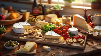 Artfully Curated Cheese Board with Assorted Gourmet Accompaniments on Wooden Surface