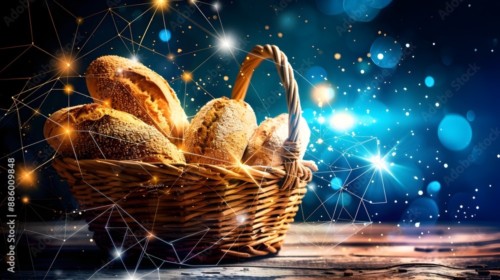 Poster cybersecured bread basket shielded by digital web patterns