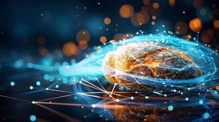 Futuristic Cybersecurity Shield Protecting Digital Bread Basket with Glowing Network Connections