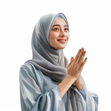 cheerful and beautiful Indonesian woman wearing a hijab, hyper-realistic image, standing against a white background