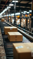 Close-up of Multiple Cardboard Boxes Moving Seamlessly Along Conveyor Belt in Warehouse Fulfillment Center, Showcasing E-commerce, Delivery, Automation, and Product Packaging Inspection, AI-Generated,
