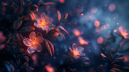 Obraz premium Enchanting Night Blooms, Abstract Branch with Luminous Flowers and Bokeh Lights, 3D Rendering.