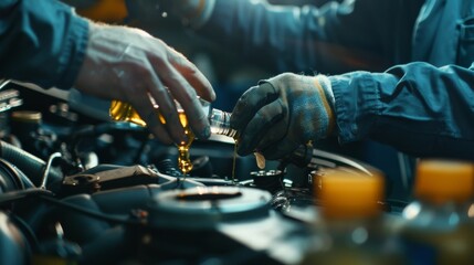 Mechanic adds oil to a car engine.