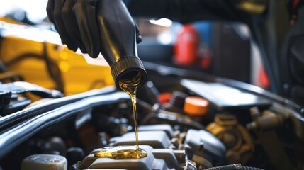 Mechanic adds oil to a car engine.