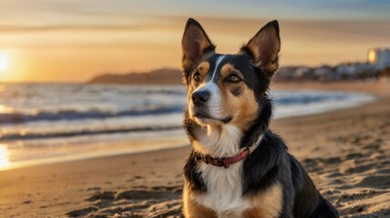 dog on the beach during sunrise sitting peacefully