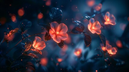 Obraz premium Enchanting Night Blooms, Abstract Branch with Luminous Flowers and Bokeh Lights, 3D Rendering.