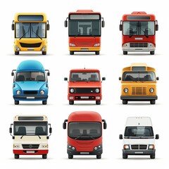 Colorful Illustration of Various Buses and Vans, Detailed Front View Transportation Collection