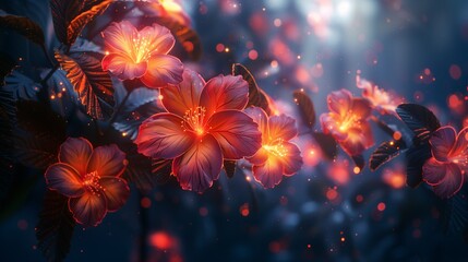 Obraz premium Enchanting Night Blooms, Abstract Branch with Luminous Flowers and Bokeh Lights, 3D Rendering.