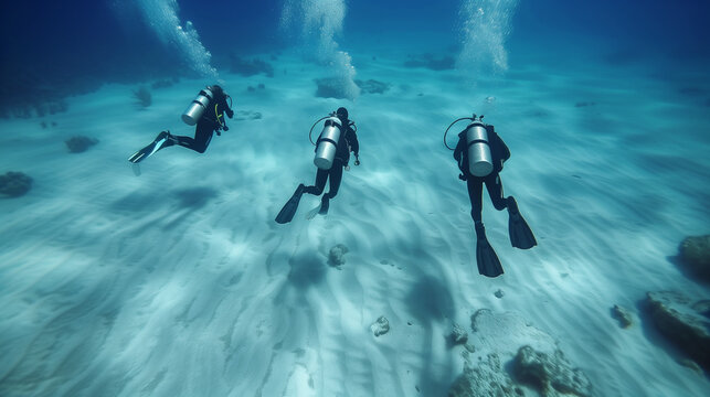Group of divers adorning their equipment, setting off on a subsurface exploration, uncovering the hidden wonders of underwater caves and reefs