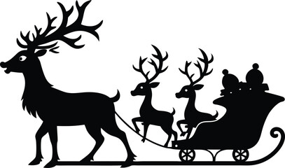 Santa Claus is flying in sleigh with Christmas reindeer. Silhouette of Santa Claus, sleigh with Christmas presents and reindeer