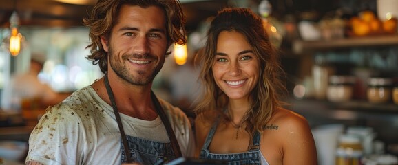 Happy young couple preparing food in the kitchen and reading a recipe on a digital tablet, Image Background