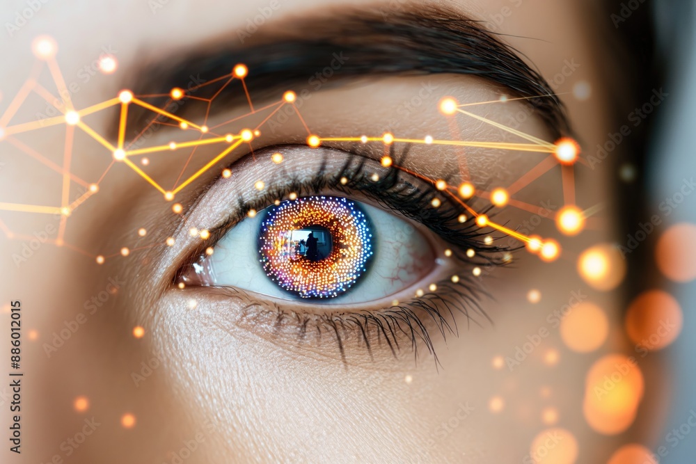 Poster a single eye with intricate patterns of glowing lights emanating from it, suggesting a connection to