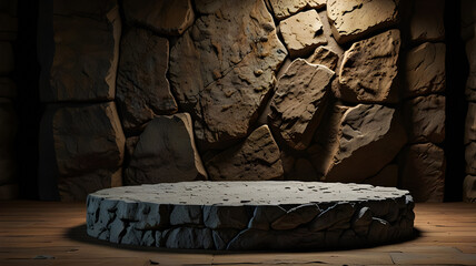 The stone podium is adorned with a rock texture background, creating a cinematic atmosphere.