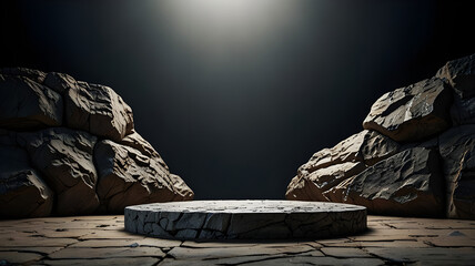 The stone podium is adorned with a rock texture background, creating a cinematic atmosphere.