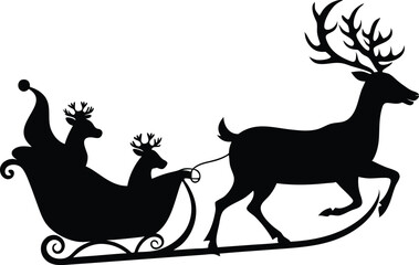 Santa Claus is flying in sleigh with Christmas reindeer. Silhouette of Santa Claus, sleigh with Christmas presents and reindeer