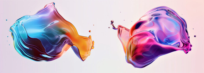Two colorful abstract shapes made of liquid, in the style of graphic design-inspired illustrations, with digital gradient blends