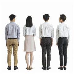 Obraz premium asian male and female office worker five people, standing looking, back side ,full body scale, white plain background