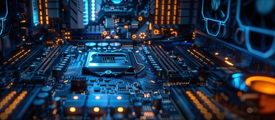 Future-Tech Processor and Circuitry Aglow in Dynamic Blue and Orange Lights, Copy Space. 