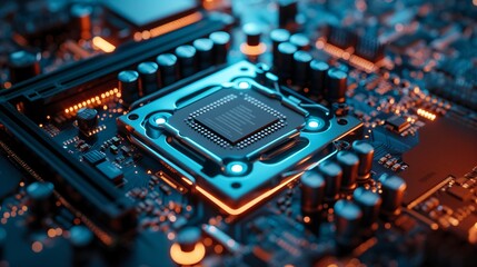 Future-Tech Processor and Circuitry Aglow in Dynamic Blue and Orange Lights. 