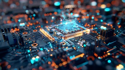 Future-Tech Processor and Circuitry Aglow in Dynamic Blue and Orange Lights. 