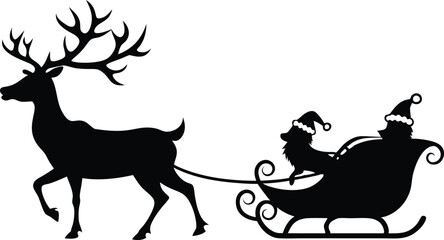 Santa Claus is flying in sleigh with Christmas reindeer. Silhouette of Santa Claus, sleigh with Christmas presents and reindeer