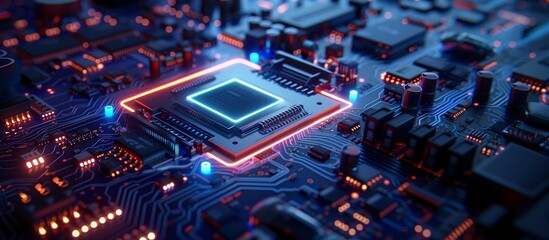 Future-Tech Processor and Circuitry Aglow in Dynamic Blue and Orange Lights, Copy Space.