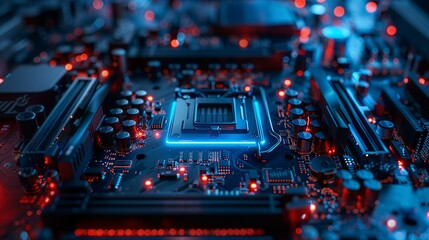 Future-Tech Processor and Circuitry Aglow in Dynamic Blue and Orange Lights.