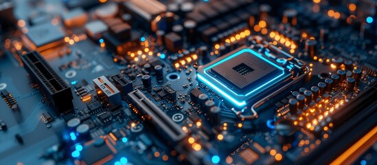Fototapeta premium Future-Tech Processor and Circuitry Aglow in Dynamic Blue and Orange Lights, Copy Space. 