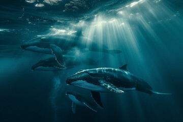 Fototapeta premium A majestic underwater Humpback whales swimming together in the ocean, in the depths of the ocean.