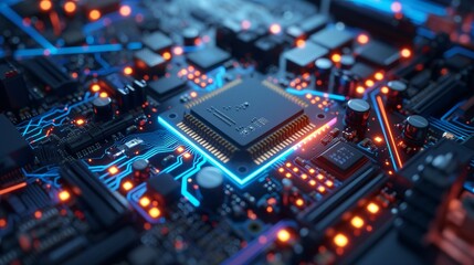 Future-Tech Processor and Circuitry Aglow in Dynamic Blue and Orange Lights.