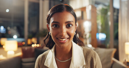 Woman, video call and remote work from home with portrait, smile or communication for contact in...