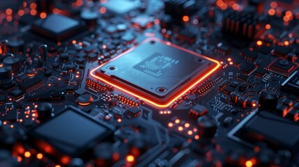 Future-Tech Processor and Circuitry Aglow in Dynamic Blue and Orange Lights.