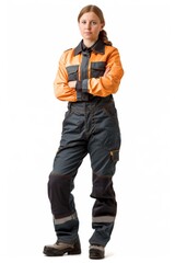 a woman in working clothes, cutout, isolated on a white background