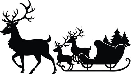 Santa Claus is flying in sleigh with Christmas reindeer. Silhouette of Santa Claus, sleigh with Christmas presents and reindeer