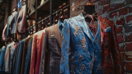Suits tailored for a specific person, costly and stylish, displayed on a mannequin against a brick wall.