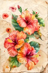 Watercolor vintage scrapbook junk journal page, copy space in center, watercolor clipart of vibrant hibiscus flowers on parchment paper, for Junk Journal, Digital Paper, Printable
