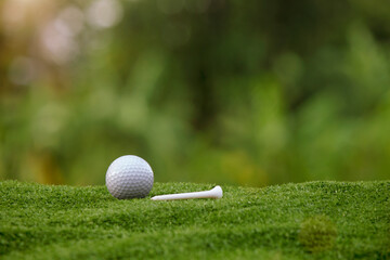 golf ball is on a green lawn in a beautiful golf course