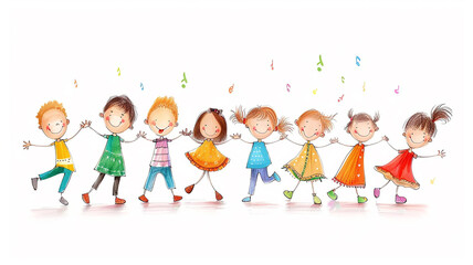 Fototapeta premium illustration, multicolored figures of children holding hands on a white background, round dance children's group dance