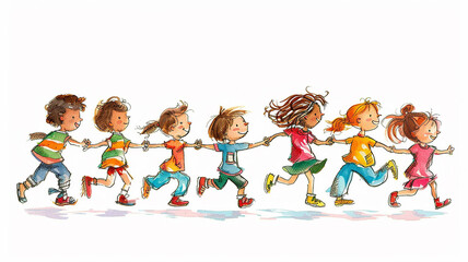 illustration, multicolored figures of children holding hands on a white background, round dance children's group dance